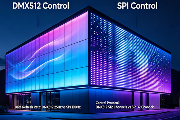 A building facade with dynamic lighting comparing DMX512 and SPI control